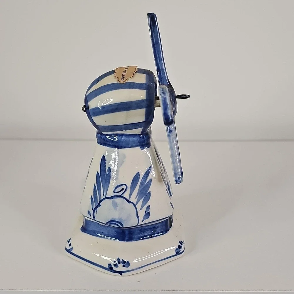 Hand Blue Ceramic Windmill Bell Figurine Blue White Striped 1970s Holland